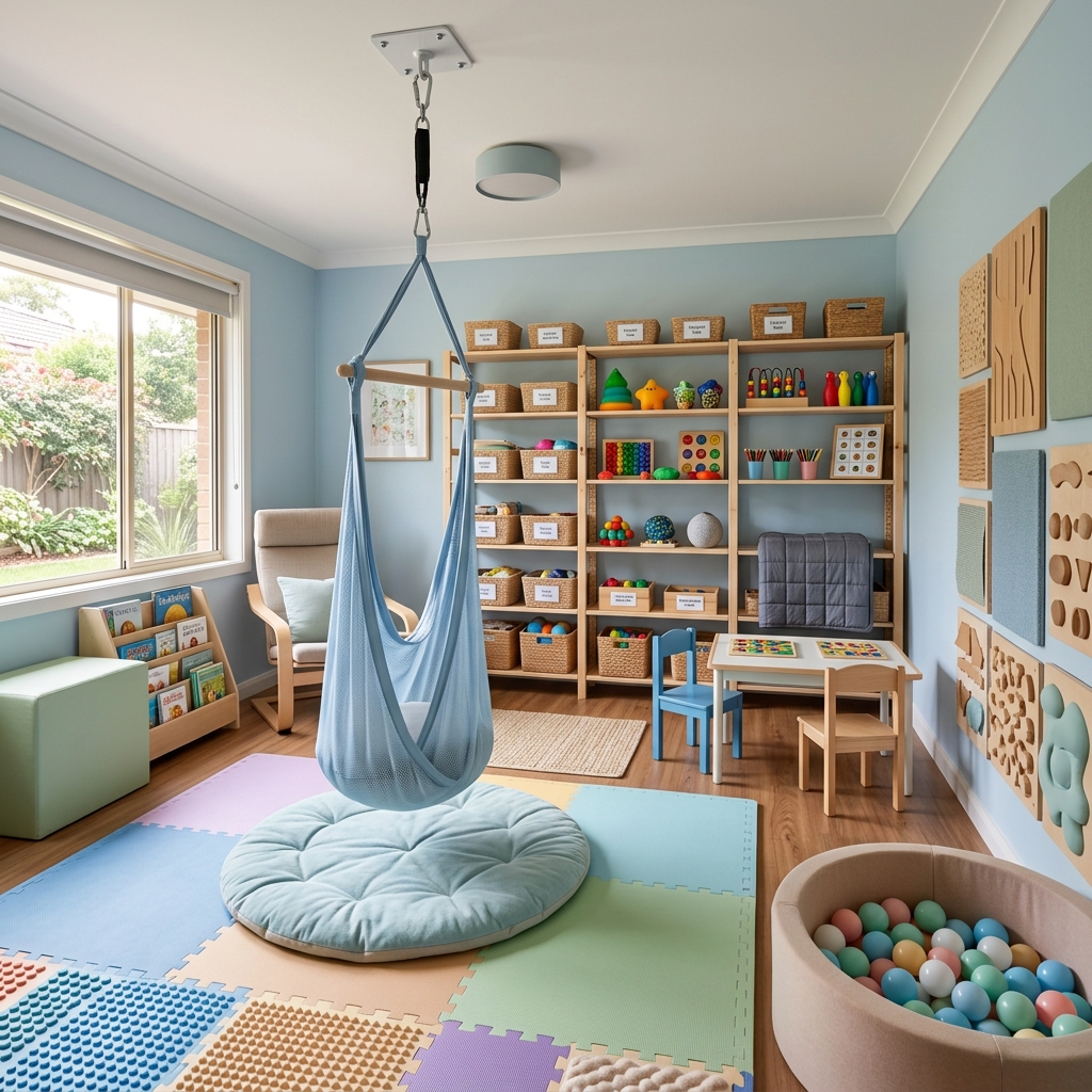 Sala terapéutica de AutismoInfans equipada con materiales de integración sensorial